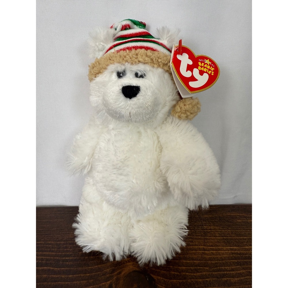 TY Beanie Baby Polar Bear Plush with Christmas Hat Holiday Stuffed Animal‎